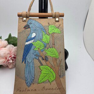Vintage Hand Painted Blue Bird Wall Tapestry Hanging Art Suede Leather - Equador